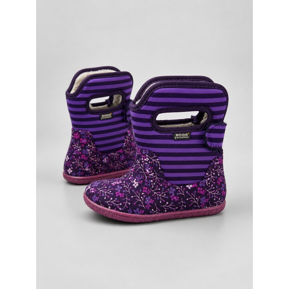 Bogs Boots Toddler Girl Sz 9 Purple Floral Stripe Waterproof Insulated